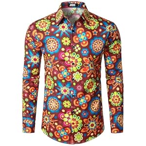 JOGAL Mens 70s Floral Dress Shirt Long Sleeve Printed Casual Button Down Shirts