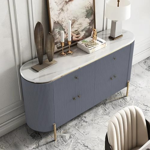 Image of Modern Console Table, 55 x 15 x 30 inch, White Ribbed Design, Marble Top, Gold Accents, 4-Door Storage Cabinet, Waterproof Plywood, PVD-Coated Legs, Elegant Entryway (Grey)
