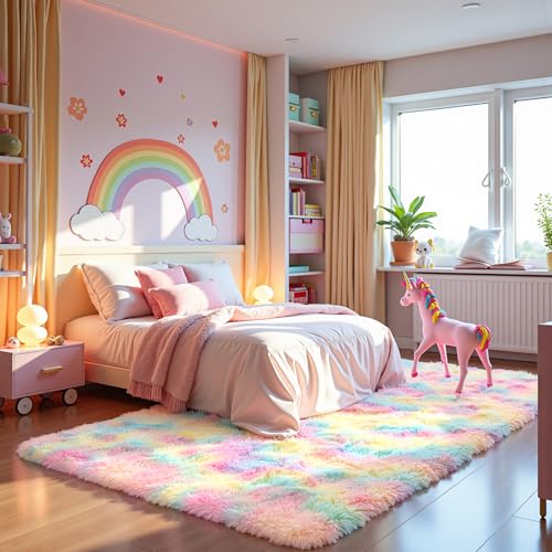 Zentavio Unicorn Rugs for Girls Room 5x8 Area Rugs for Living Room Carpet for Bedroom Washable Soft Fluffy Shag Aesthetic Plush High Pile Throw Rug for Nursery Kids Room Dorm Room Rainbow