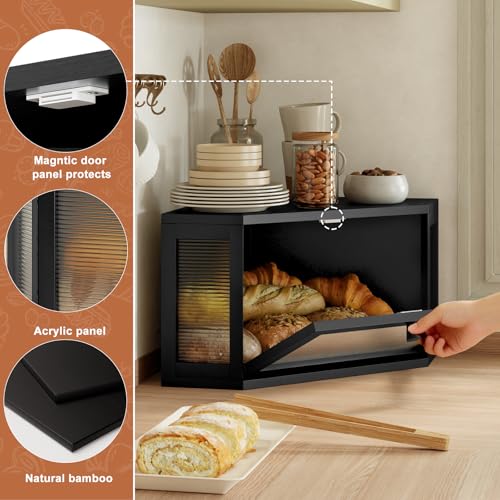 Image of WOWLIVE Corner Bread Box for Kitchen Countertop, Bamboo Bread Storage Container, Large Farmhouse Bread Holder with Acrylic Wavy Door Panel, Multi-functional Container, Black
