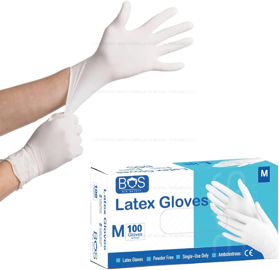 Bio Safety (BOS) Latex Gloves Powder Free - Ultra Strong Gloves - Ideal for HealthCare, Home, Cleaning, and Food Preparation purposes - White Color - 100 Pieces (White - Medium)