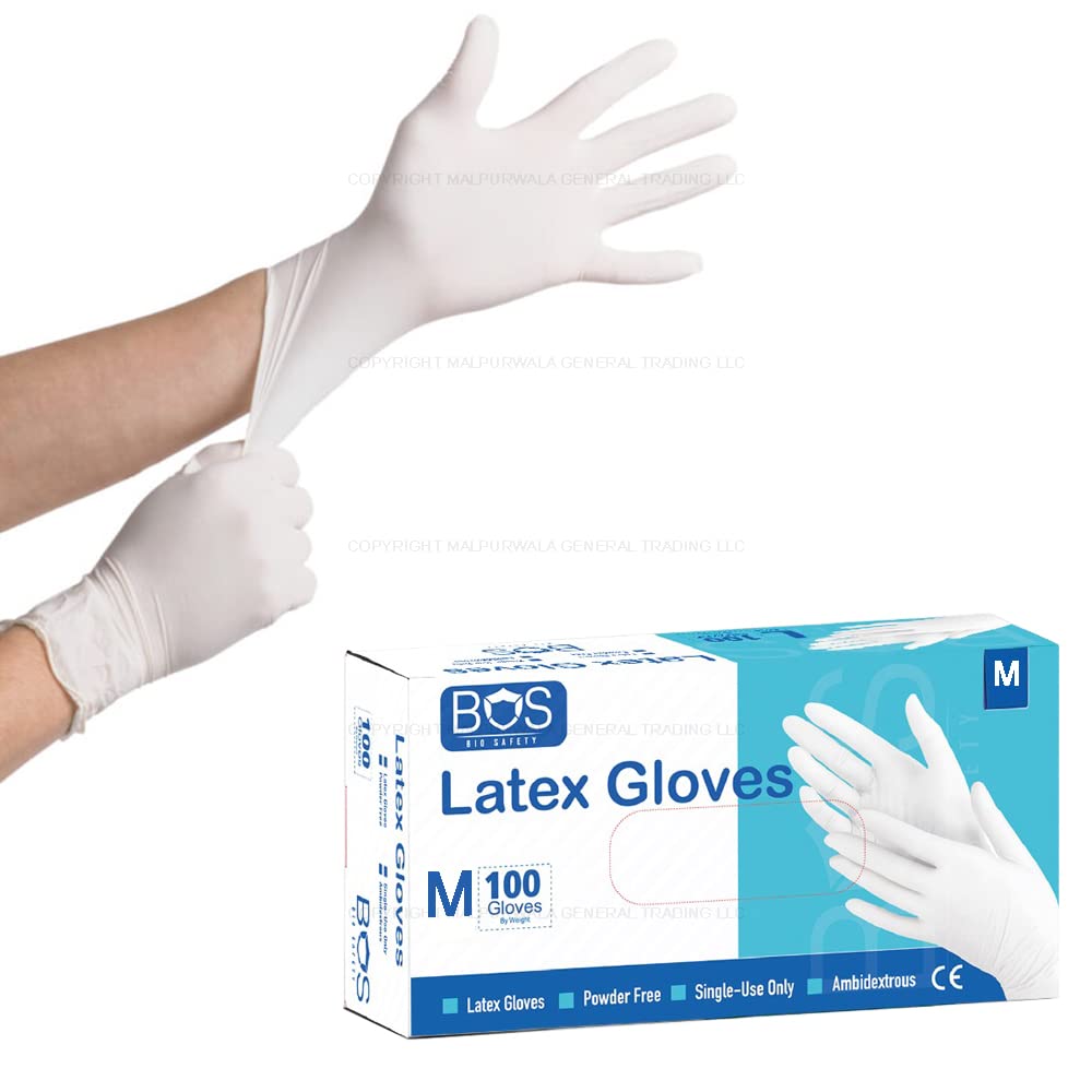 Bio Safety (BOS) Latex Gloves Powder Free - Ultra Strong Gloves - Ideal for HealthCare, Home, Cleaning, and Food Preparation purposes - White Color - 100 Pieces (White - Medium)
