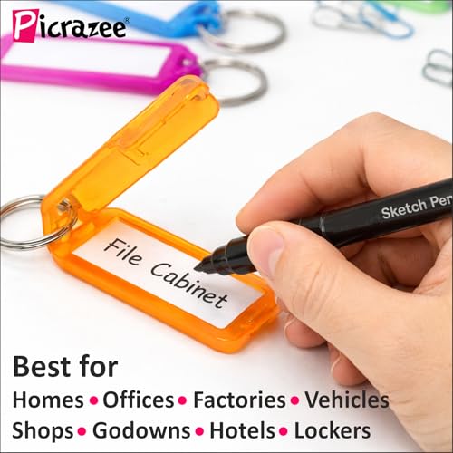 Image of Picrazee 50 Pcs Multicolor Key Tag Keychain with Name Label | Sketch Pen Included | Plastic Key Rings with ID Tags & Split Ring | Key Identifier Tags for Home Office Locker Bike (50)