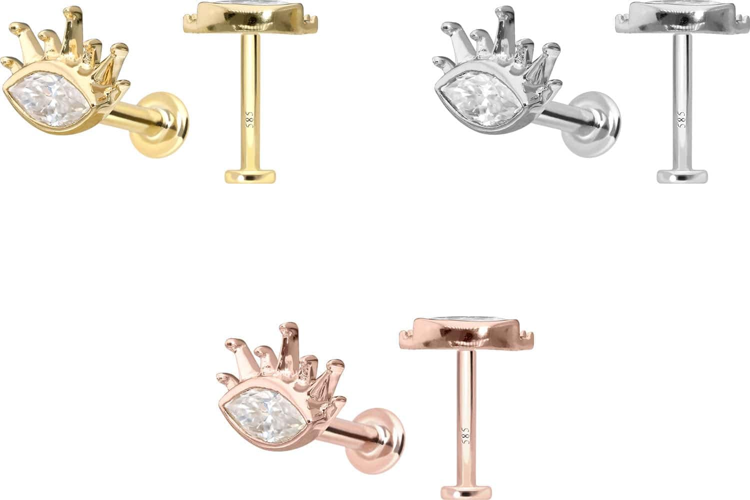 PIERCINGLINE Piercing Stecker 14 Gold Labret mit Innengewinde MOISSANIT-OVAL + SONNENSTRAHLEN 585er Gold - Roségoldfarben, Goldfarben, Silberfarben