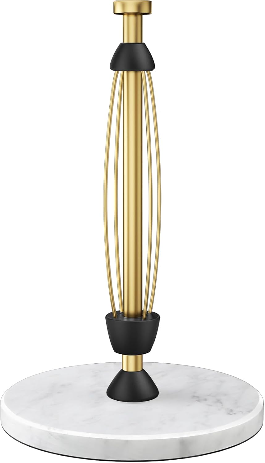 Paper Towel Holder Countertop, Marble Weighted Base, Warm Gold, One-Handed Tear, Freestanding Paper Towel Stand Rack with Ratchet Mechanism for Kitchen Bathroom Essential Decor Accessories