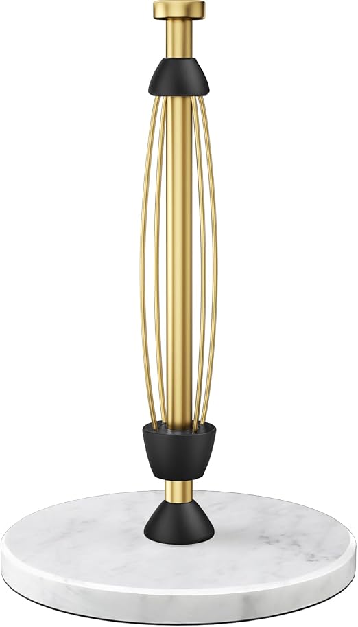Paper Towel Holder Countertop, Marble Weighted Base, Warm Gold, One-Handed Tear, Freestanding Paper Towel Stand Rack with Ratchet Mechanism for Kitchen Bathroom Essential Decor Accessories