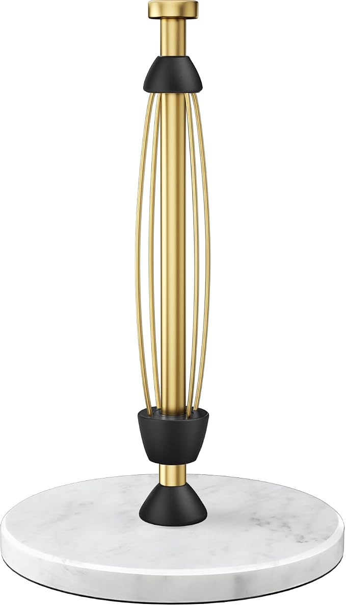 Paper Towel Holder Countertop, Marble Weighted Base, Warm Gold, One-Handed Tear, Freestanding Paper Towel Stand Rack with Ratchet Mechanism for Kitchen Bathroom Essential Decor Accessories