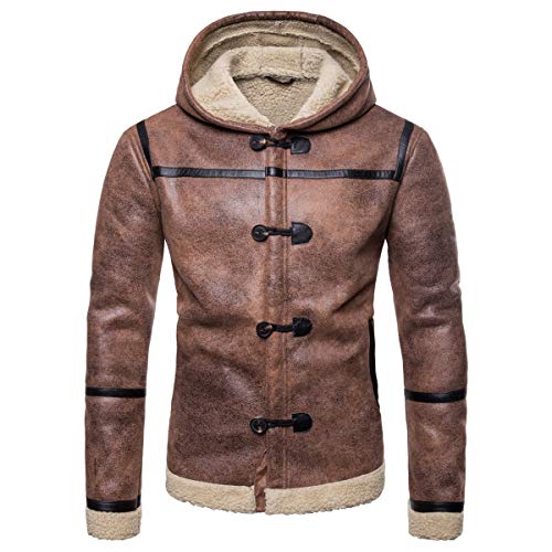 AOWOFS Men's Hooded Faux Leather Jacket Brown Suede Moto Bomber Shearling Winter Fur Lining Coat