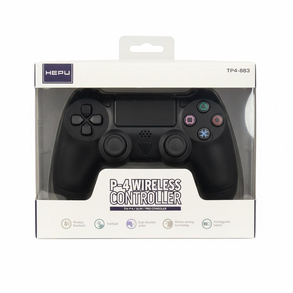 HEPU P-4 Kablosuz Oyun Kolu, Bluetooth Gamepad, PS4/PS3/PC/Android TV Uyumlu, Çift Titreşimli, Şarj Edilebilir, Dokunmatik Yüzey, Siyah