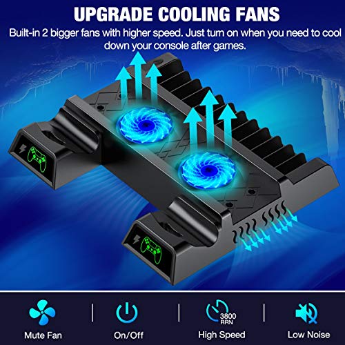 PS4 Cooling Fan Vertical Stand Cooling for PS4 Slim/ PS4 Pro/ Regular PlayStation4, PS4 Controller Charger Station for Dual Charging, PS4 Accesossries with Game Storage for Playstation Consoles
