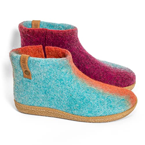 Wool Ankle Boots Slippers for Women, Handmade Felted Booties (Turquoise-Orange-Dark Pink)