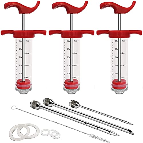 Seasoning Injector Marinade Injector Syringe with Screw-on Meat Needle for Meat Injector, BBQ Grill, Turkey Injector Syringe, 1-oz, Red(3 pack)