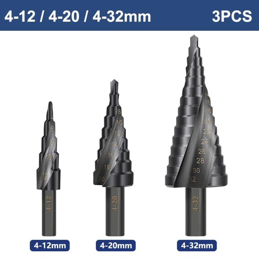 Punta per trapano a gradino Trapano per metallo 4-12/20/32mm 6-30mm Punta per trapano a cono in cobalto per legno/metallo Utensile per foratura di fori in legno/metallo, set da 3 pezzi senza borsa
