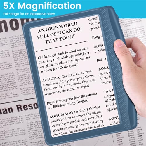 Image of Rechargeable 5X Magnifying Glass for Reading, Large Bright Full Page Magnifier with Light, Handheld LED Dimmable Lighted, Lightweight Book Magnifier for Reading Small Prints Seniors - Blue