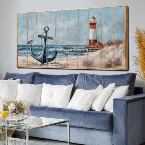 Image of Bird Wall Decor,Beach Wall Art For Living Room, Lighthouse Large Framed Canvas Coastal Pictures Arts for Walls,Blue Poster Prints for Home Office 29 inchx58 inch