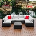 Nestl Patio Furniture Set 7 Piece Outdoor Conversation Set with Black Wicker Sectional and Off White Cushions