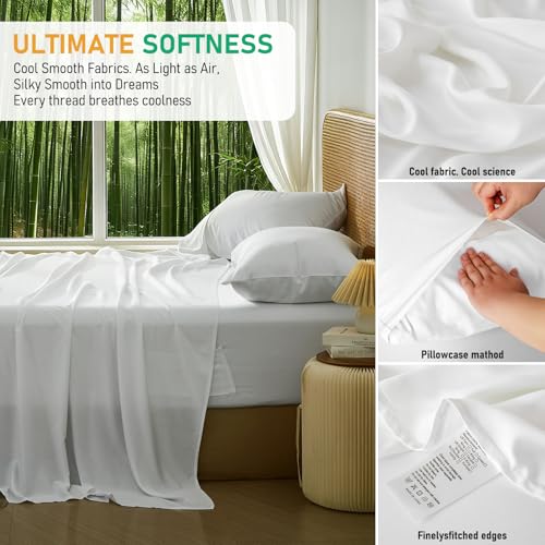 Image of 100% Viscose Derived from Bamboo Sheets Queen Size, Soft & Cooling Viscose from Bamboo Sheets Set, Organically Grown,Breathable & Soft Deep Pocket Up to 18 Inches(White)