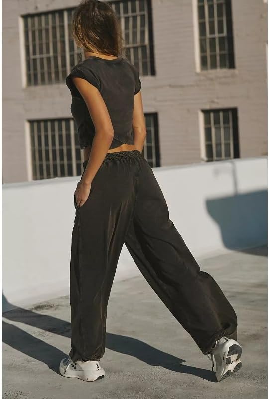 Women's sleeveless slim fit top wide leg pants set casual solid color cross exposed navel sports two-piece set