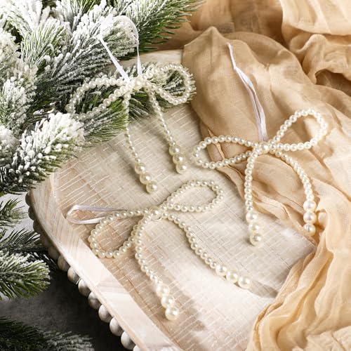 VioraWhite 12 Pcs White Pearl Bow Ornaments Bowknot Tree Topper Decor Christmas Hanging Ornament Pendant Gift for Christmas Wedding Bridal Shower Birthday Party Indoor Xmas Outdoor Decoration — view 3