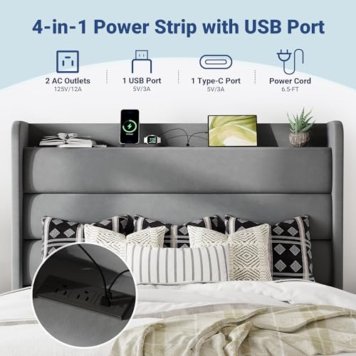 Image of Allewie Queen Size Upholstered Bed Frame with Charging Station, Grey
