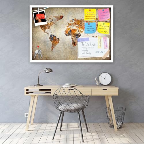 Image of ArtzFolio Photo of Grunge Map of The World Printed Bulletin Board Notice Pin Board Soft Board | White Frame 23.6 X 16Inch