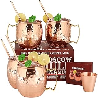 Moscow Mule Copper Mugs - Set of 4-100% Pure Solid Copper Mugs - 16 oz Premium Gift Set with 4 Cocktail Copper Straws, Shot Glass and Recipe Booklet
