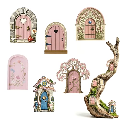 KLINNA 6 Stück Wichteltür Feentür Garten Elfentür Baum Miniatur Feenhaus Design wetterfeste Gartendeko Outdoor 3D Holzoptik Dekoartikel für Baumstamm & Terrasse 10cm Höhe Relief