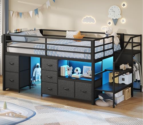 ADORNEVE ADORNEVE Kids Low Loft Bed Twin Size with Stairs, 7 Drawers, Bookcase,Black