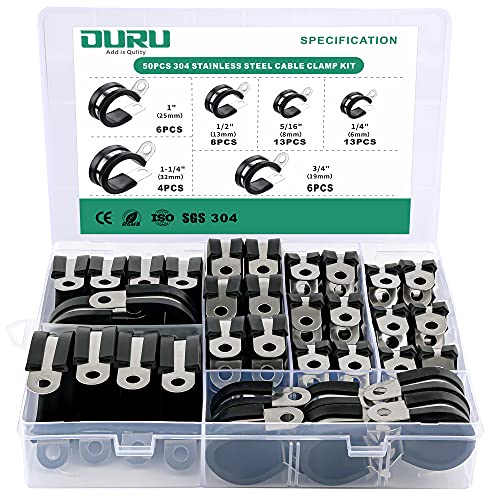 OURU 50PCS Cable Clamp Kit,304 Stainless Steel Rubber Cushioned Insulated Clamp,1 4 5 16 1 2 3 4 1 1-1 4 (6 Sizes),Metal Clamp, Tube Holder,Wire Cord Installation