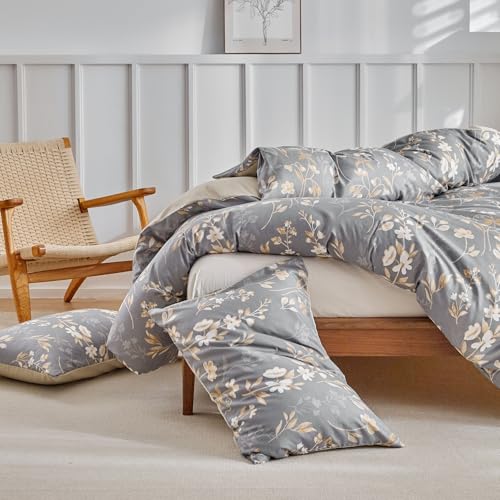 Image of Lekesky King Duvet Cover Set, Gold Floral Duvet Cover King Size, 3 Pieces Grey Bedding Sets with Zipper, Ultra Soft Microfiber Reversible King Size Comforter Cover with 2 Pillowcases 20 inchx36 inch