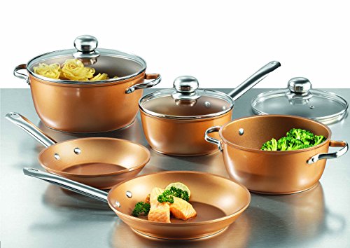 Warimex 18728 Cobre Star  Batería de Cocina, 8 Piezas con Tapas de Cristal con partículas de Cobre y Mango de Acero Inoxidable, Aluminio, Cobre, 58.9 x 36,9 X 23.4 cm