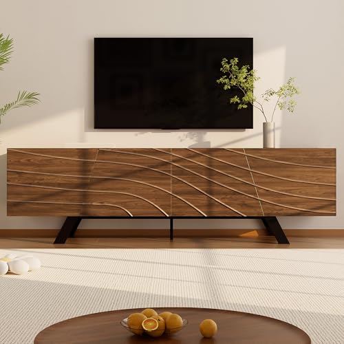 Kebnor Mueble de TV moderno con frente ondulado – Mueble bajo de nogal con patas de hierro negro, gran espacio de almacenamiento, gestión de cables y estante, mueble de TV para salón, pasillo (160 ×