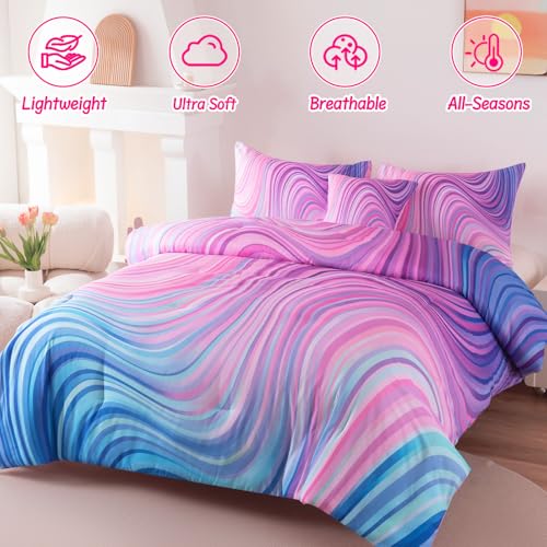 Image of Full Bedding Set for Girls, Tie Dye Superior Girls Comforter Set, Blue Pink Purple Full Size Bedding Sets