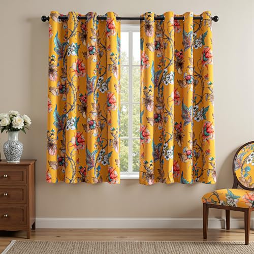 Image of MYSKY HOME Floral 95% Blackout Curtains 54 Inches Long Thermal Insulated Light Blocking Drapes Grommet Country Coquette Window Panels, 2 Pcs, 52 inch Wide, Yellow