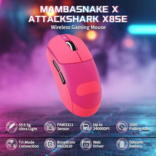 Image of ATTACK SHARK X8 SE Wireless Gaming Mouse,Adjustable 25K DPI PAW3311 Optical Sensor,Ergonomic 59g Lightweight,Triple Modes 2.4G /BT /USB-C,500mAH Battery,5 Programmable Buttons for PC /Mac-Red&Griptape