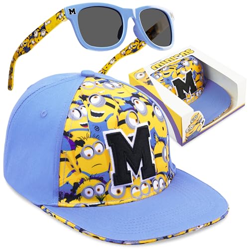 Minion Casquette Baseball et Lunettes de Soleil Garcon 4 Ans à 12 Ans, Protection UV, Voyage Accessoires, Idee Cadeau Garcon (Bleu Minions)