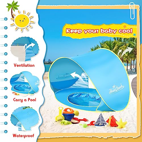 Image of Monobeach Baby Beach Tent with Beach Sand Toys Pop Up Portable Shade Pool UPF50+ UV Protection Sun Shelter for Infant with Easy Set Up Canopy (Blue with Toys)