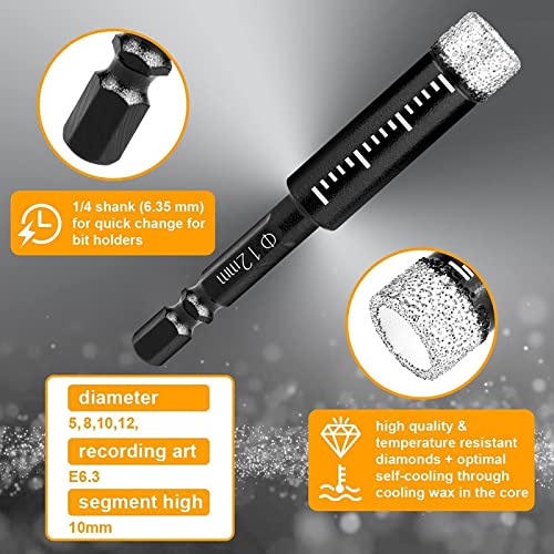 flintronic Fliesenbohrer Set, 6 8 10 12 Diamantbohrer & 6mm Anbohrer, Diamant Bohrer Set, Fliesen Bohrer, Glasbohrer Set, Fliesen Bohrer mit Sechskantschaft, Feinsteinzeug Bohrer zum Bohren Keramik