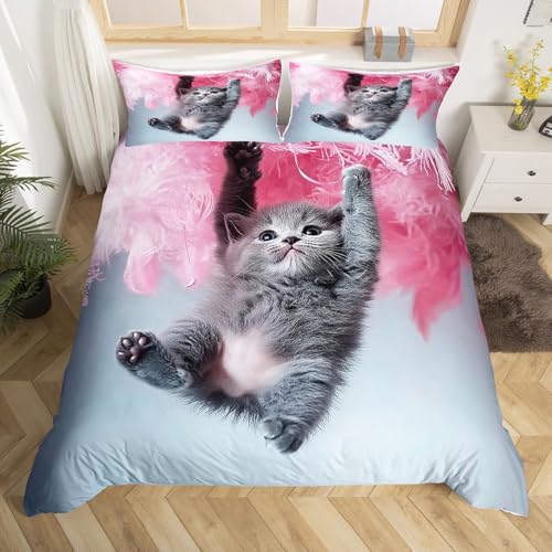 Homemissing Mignon Chat Housse De Couette 240x260 Fille Animaux Ensemble de literie Chat Rose Plumes Housse De Couette Adolescents Enfant Parure Lit Microfibre