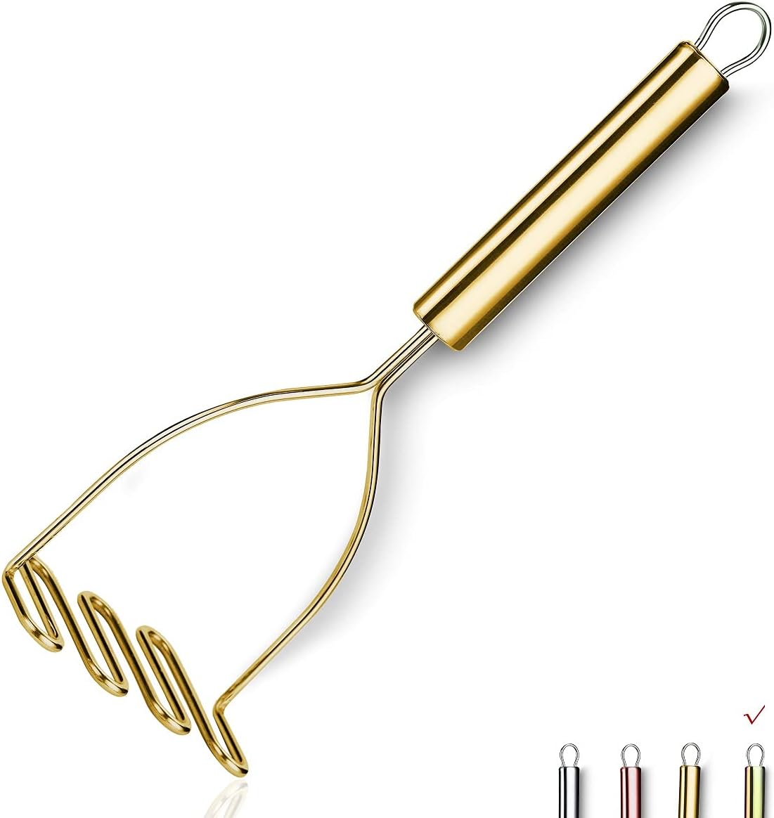 Gold Potato Masher, Stainless Steel Heavy Duty Metal Potato Ricer With Titanium Golden Plating, Food Masher Utensil, Hand Masher, Vegetables Fruits Mashe, Dishwasher Safe (9.6 Inch)