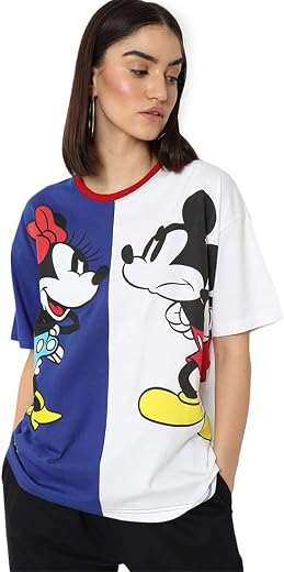Bewakoof Official Disney Merchandise Mickey and Minnie Women's 100% Cotton Oversized Fit Round Neck T-Shirt