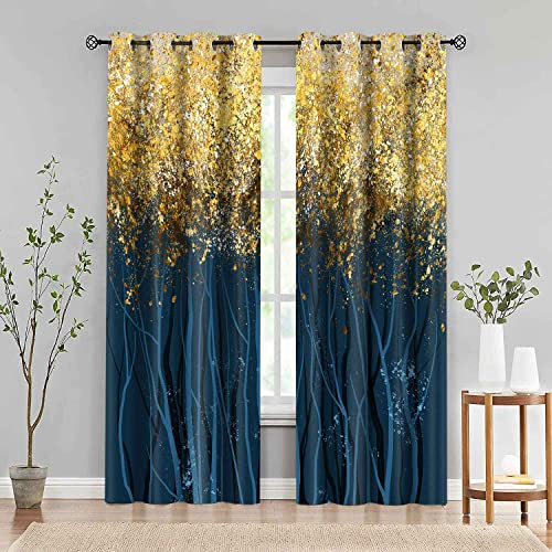 Navy Blue Gold Tree Blackout Curtain Abstract Art Metallic Leaf Print Window Drapes Room Darkening Insulation Suitable For Bedroom Living Room Dorm Room Plaid Window Treatments 2 Panels 42X84Inch #TOP3