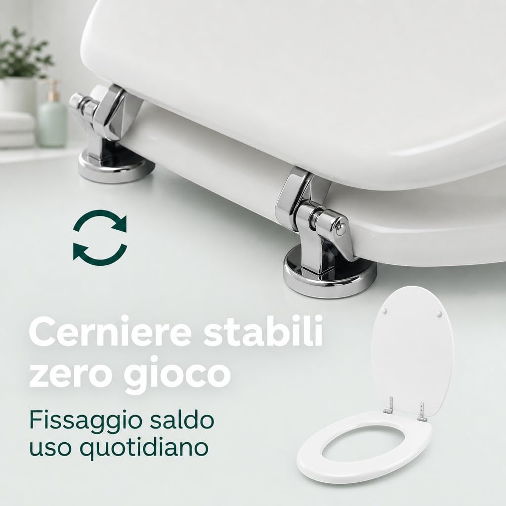 Copriwater Universale MDF Bianco 43x36 cm – Tavoletta WC in Legno MDF, Sedile WC Robusto con Cerniere Cromate, Asse WC Ovale Compatibile, Coperchio Water Resistente
