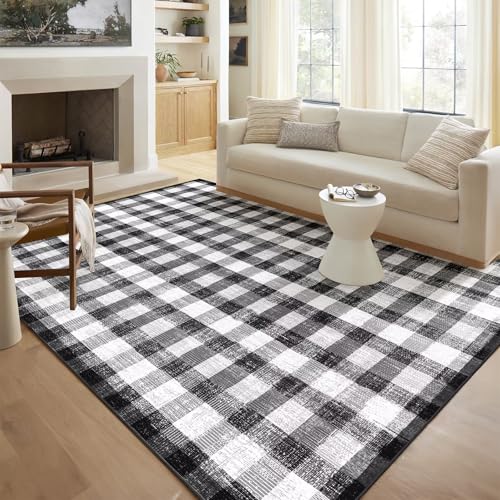 Image of Checkered Area Rug, 8x10, Black and White | Washable, Non Slip, Modern Neutral, For Living Room Bedroom Office Patio Dining Room