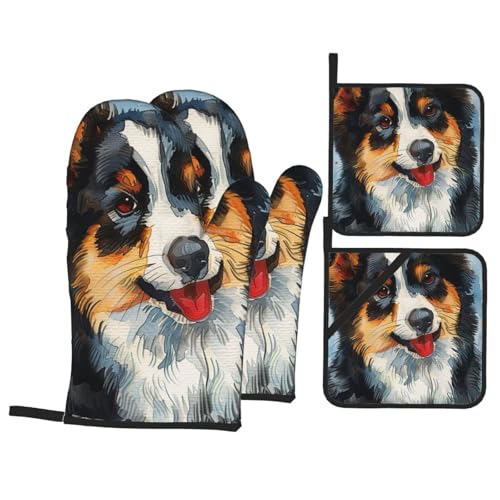 Juego De Manoplas Y Agarraderas, Lindo Perro Corgi Negro Oven Gloves Lavables Guantes para Barbacoa Resistentes Guantes Horno para Chimenea Parrilla Cocina