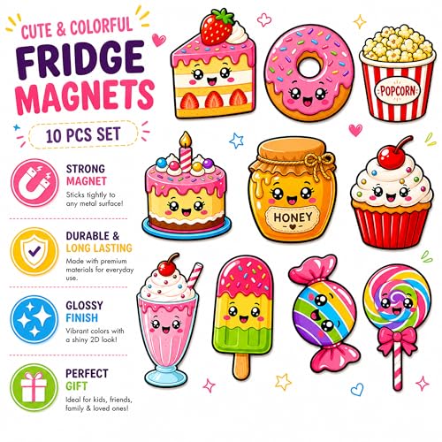 Image of Regalo Casila Cute Fridge Magnets Set of 10 Cartoon Dessert Magnets for Refrigerator Kitchen Decor Strong Magnetic PVC Fridge Stickers for Kids Home Office Gift Decorative Magnets