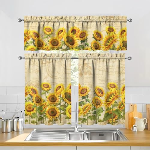 Image of Sunflower Kitchen Curtains 3 Piece Set Tier Valance Window Decor | 3 Piece Kitchen Curtain Set Includes 54x18in Valance and Two 27.5x36in Tier Curtains for Kitchen, Bedroom and Living Room