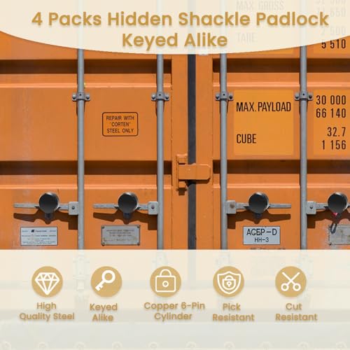 Image of 2 Pack Hidden Shackle Padlock Keyed Alike Heavy Duty Trailer Puck Black | Trailer Door Lock W /4 Keys, Anti Theft, 2-7 /8 inch Solid Steel, for Trailers Trucks Vans, Shed Gates Garage