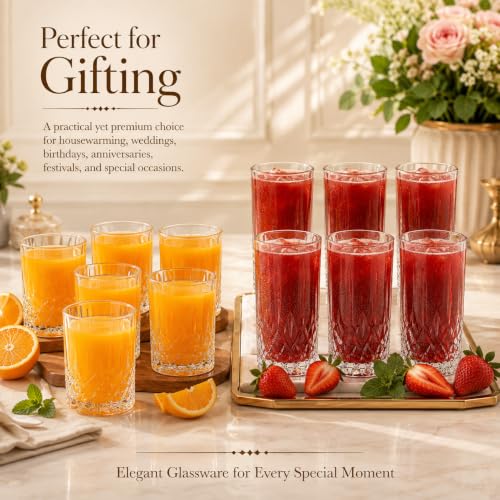 Image of bellemax Water & Juice Glasses 278 ML & 340 ML, Drinking Glasses for Home, Kitchen, Dining, Restaurant & Party, Premium Tumbler Glasses for Water, Juice & Beverages Set of 12