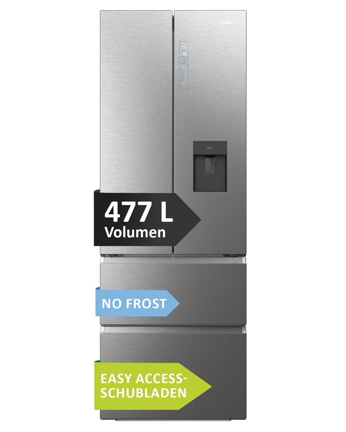 Haier French Door Kühl-Gefrierkombination 70 cm Breite I 477 L French Door Kühlschrank mit Wasserspender, LED I Doppeltür Kühlschrank mit Gefrierfach, No Frost I FD 70 SERIE 7 HFR7720DWMP